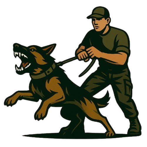 Tactically dressed handler holds the leash of an "alerting" K9
