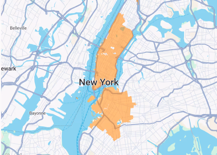 Map of New York City showing Manhattan in orange surrounded by blue water