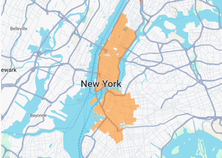 Map of New York City showing Manhattan in orange surrounded by blue water