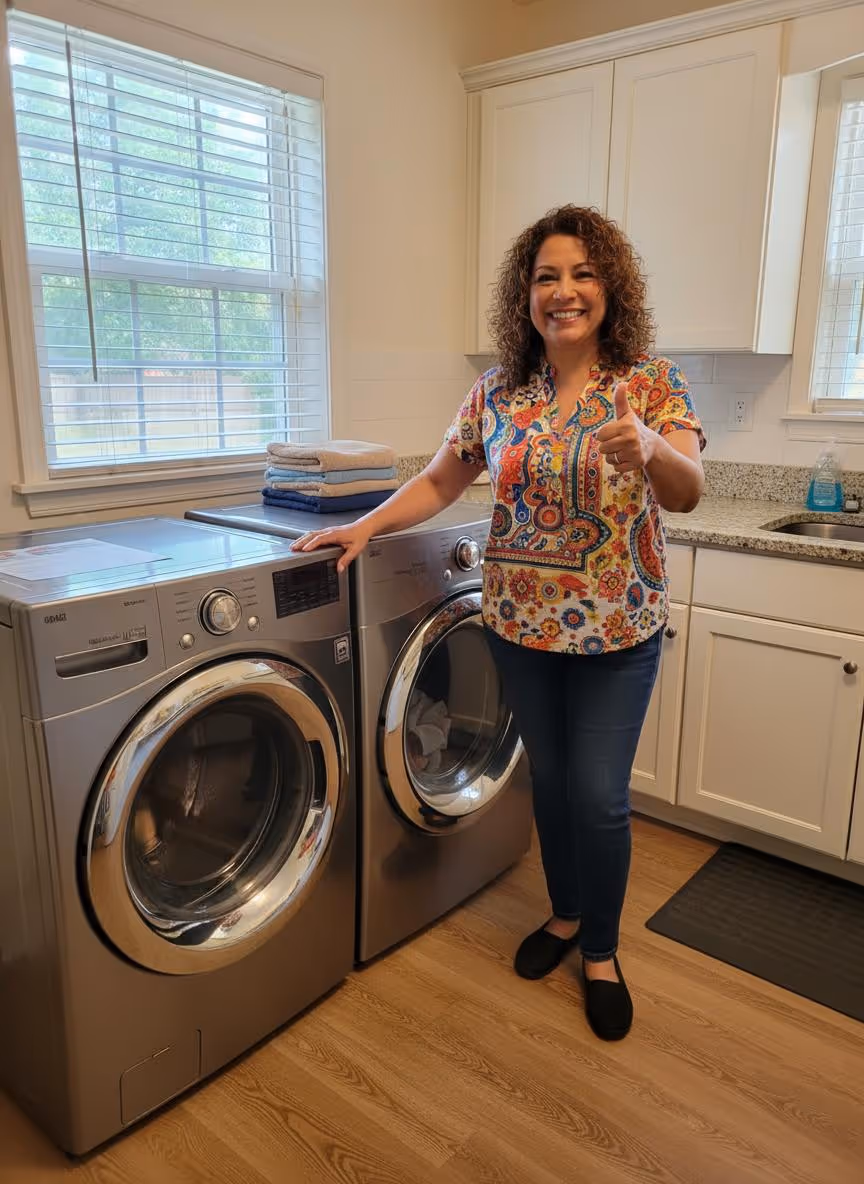 Smiling person in colorful shirt standing next to washer and dryer in laundry room
