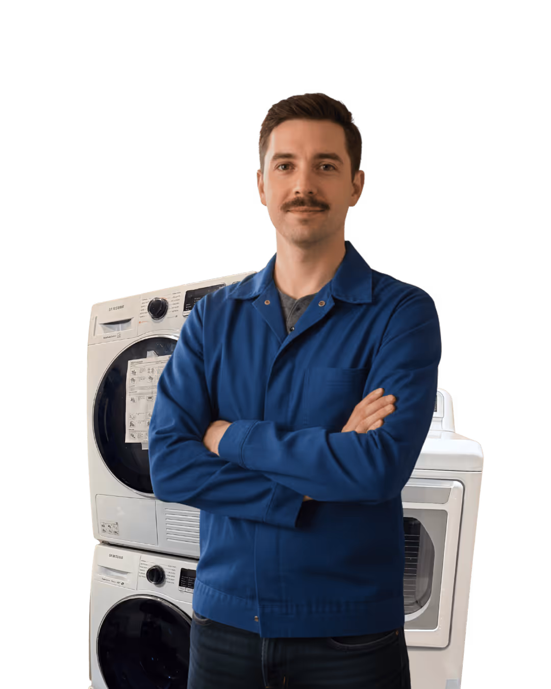 Technician in blue jacket standing confidently in front of stacked washing machines
