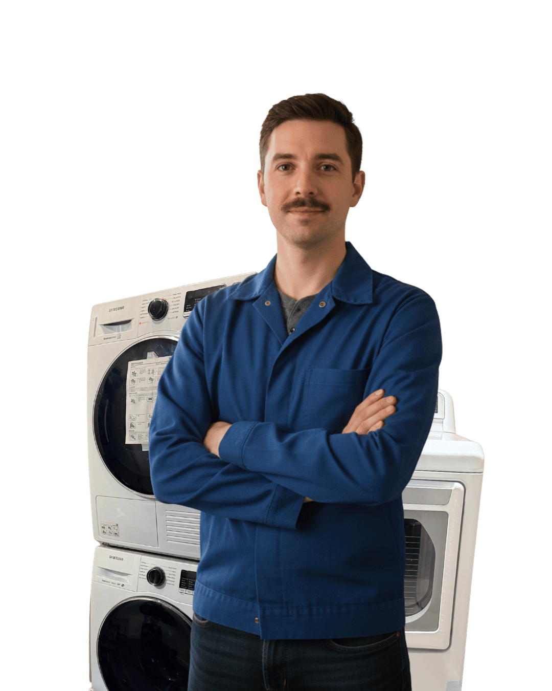 Technician in blue jacket standing confidently in front of stacked washing machines