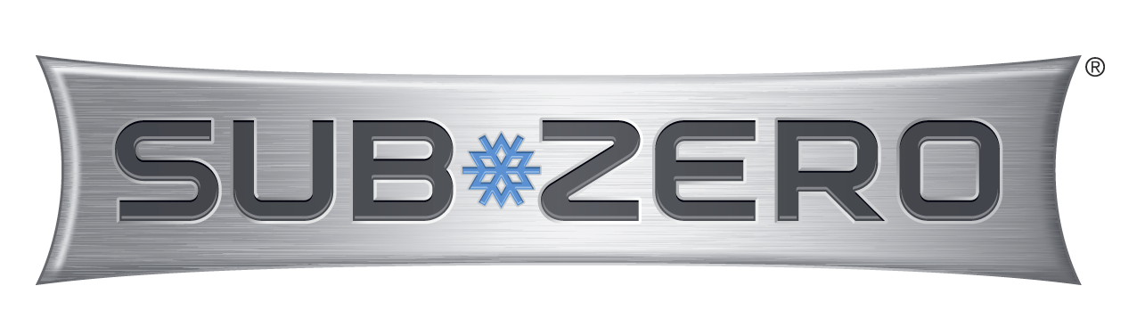 Sub-Zero brand logo with metallic background and blue snowflake symbol between words.