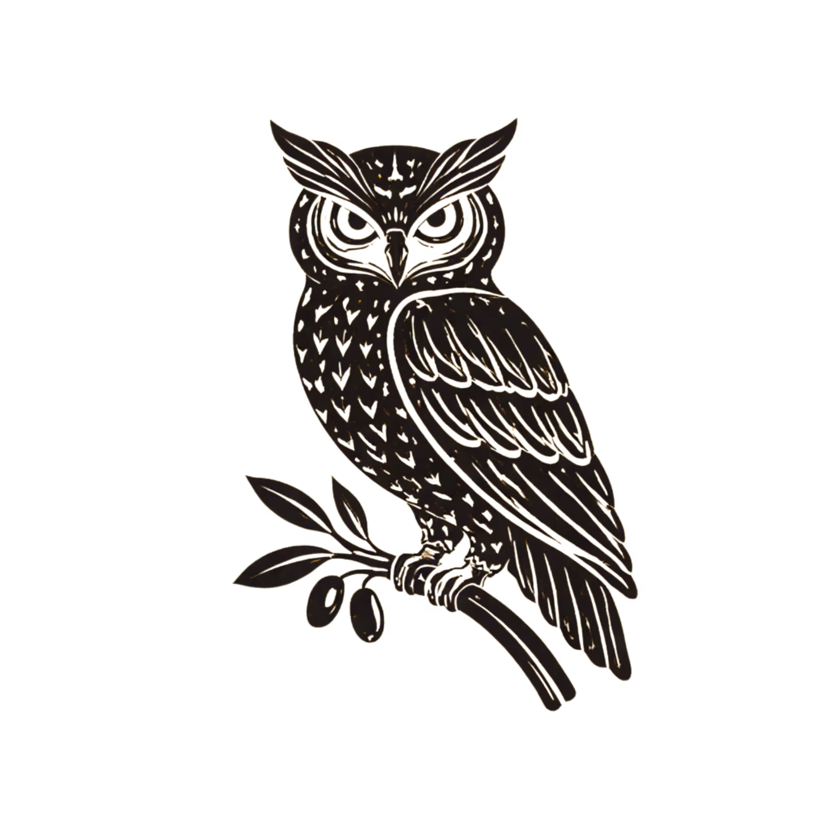 Stylized illustration of an owl perched on a branch with leaves and olives.