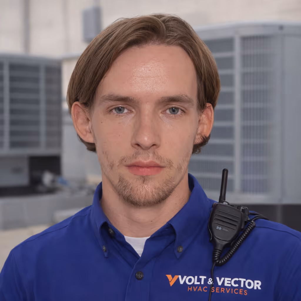 Technician with light brown hair wearing a blue Volt & Vector HVAC Services uniform shirt with a walkie-talkie clipped on the shoulder.