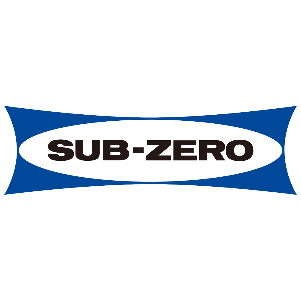Sub-Zero wordmark logo in a white oval on a blue stretched rectangular background.