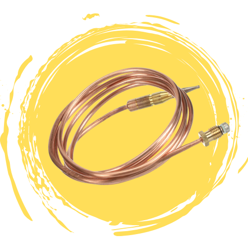 Coiled copper thermocouple sensor with threaded connectors on a yellow background with brush stroke design.