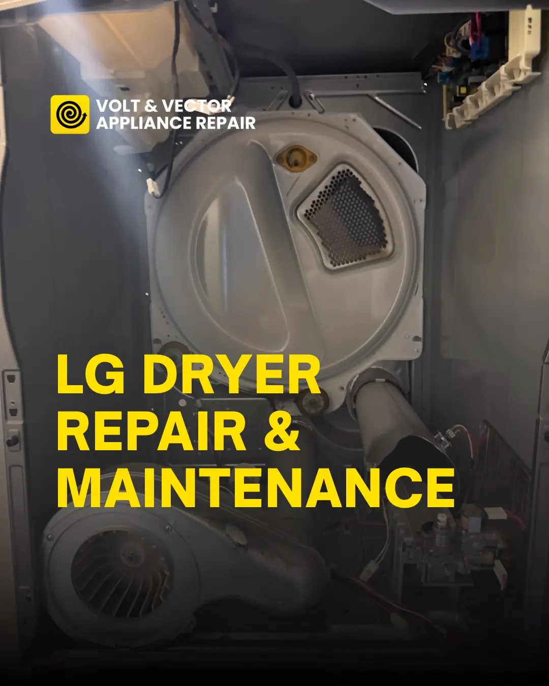 Inside of an LG dryer during repair showing internal mechanical components