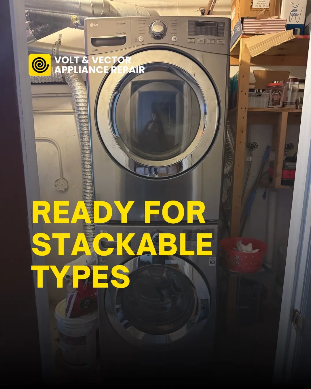 Stacked washer and dryer with Volt & Vector Appliance Repair logo