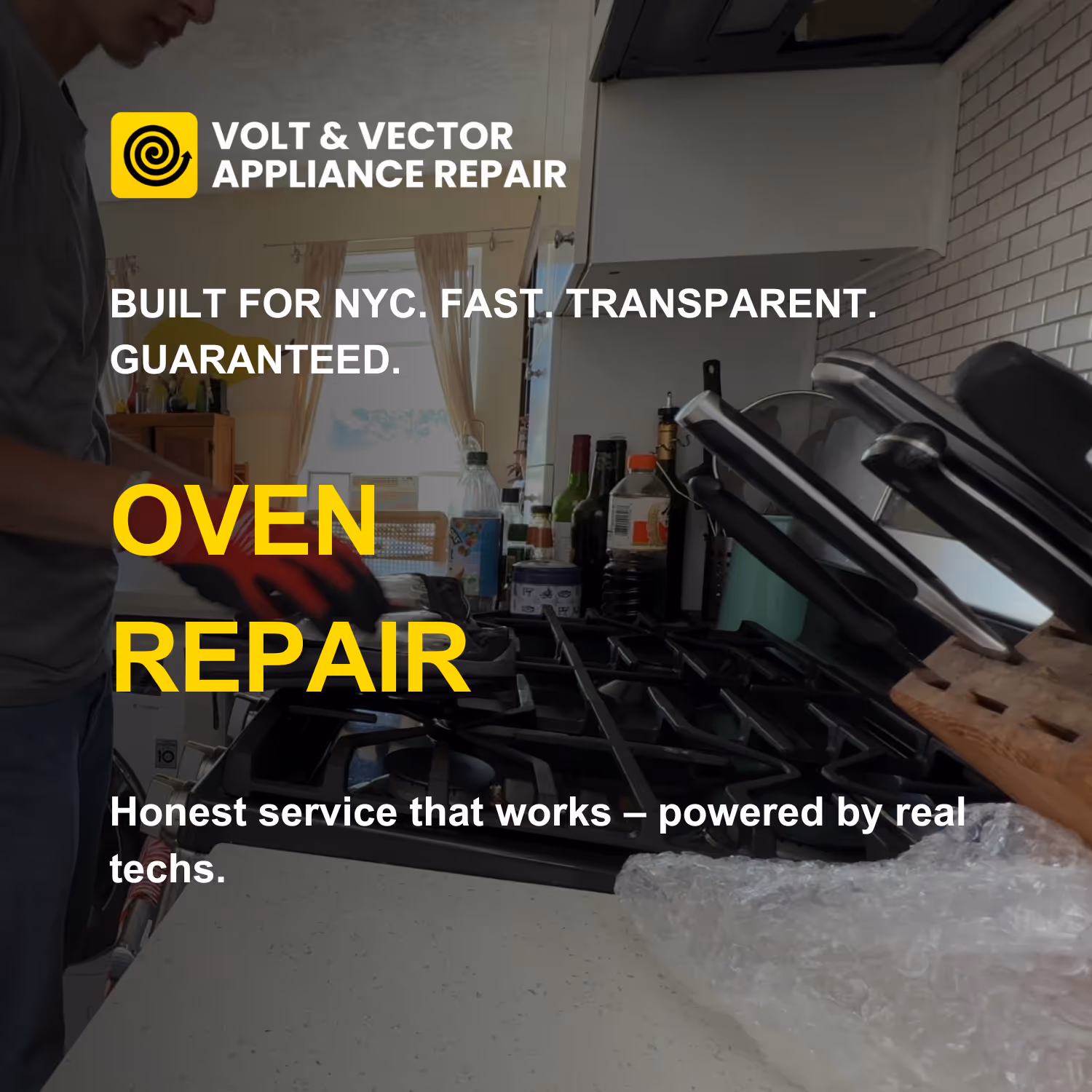 Volt & Vector technician repairing an oven in a home kitchen