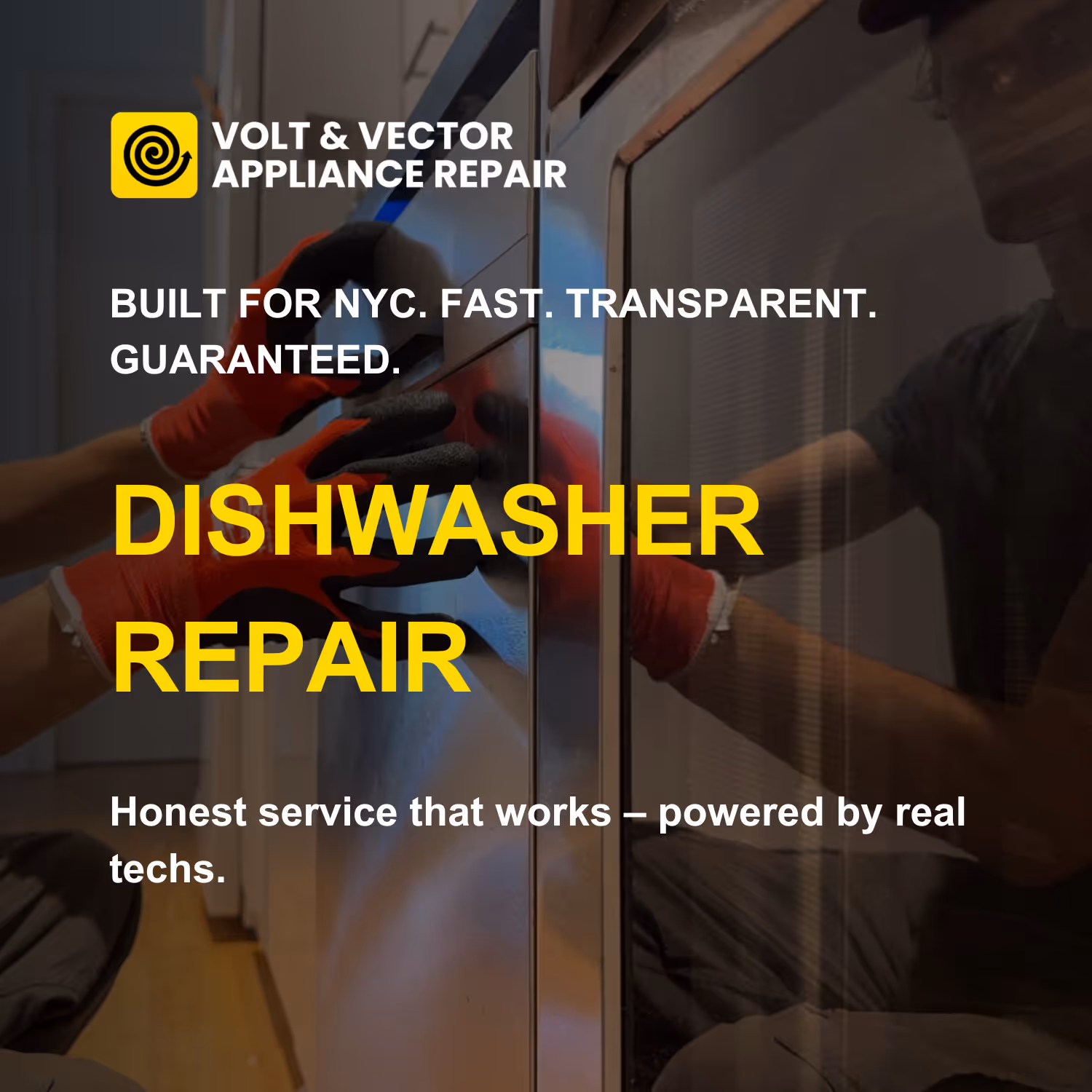 Dishwasher repair service advertisement with hands in protective gloves