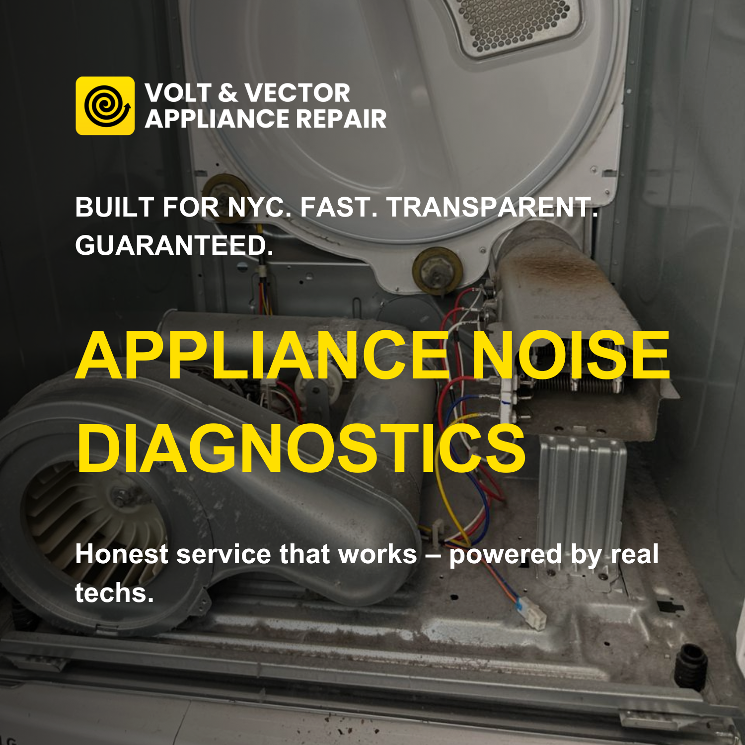 Open dryer with internal components for appliance noise diagnostics service
