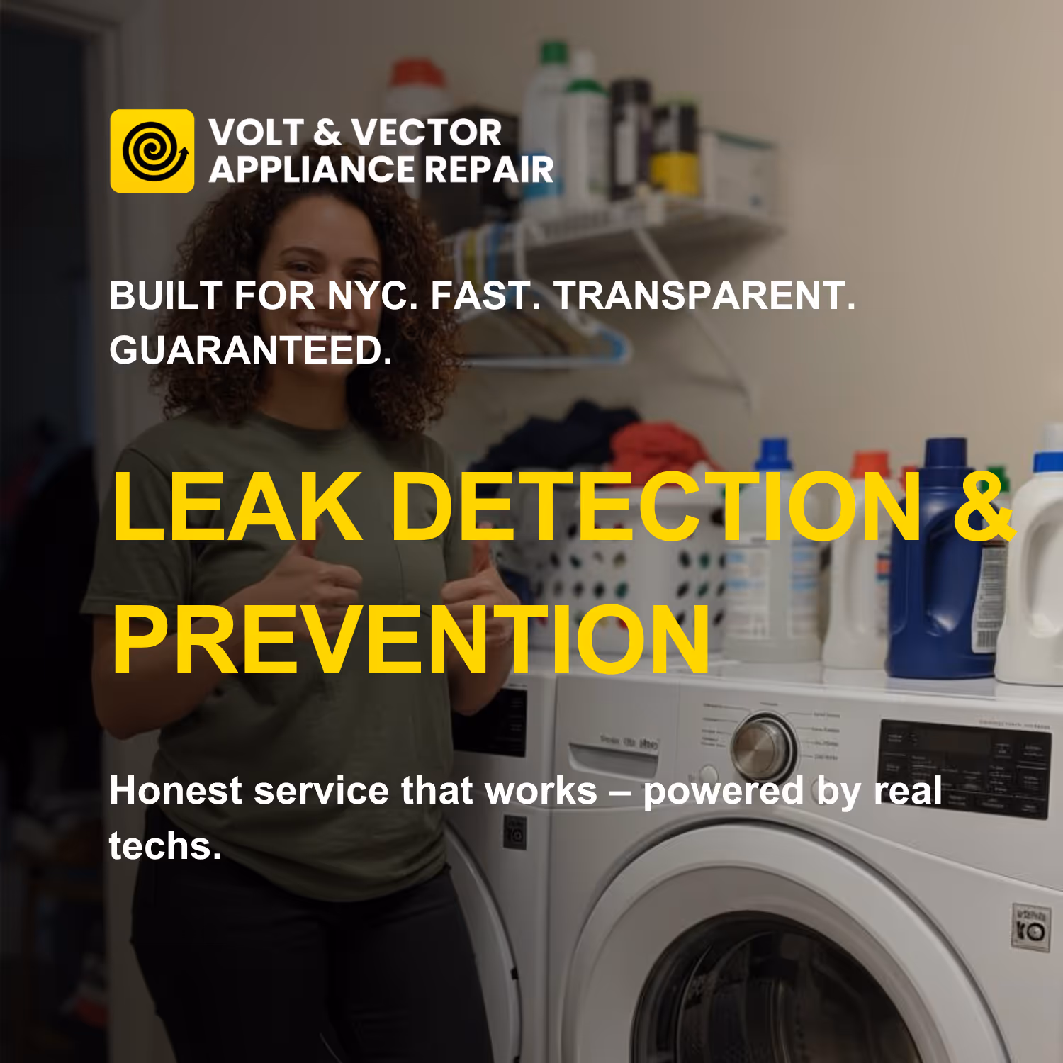 Appliance repair service professional with washing machine and laundry bottles