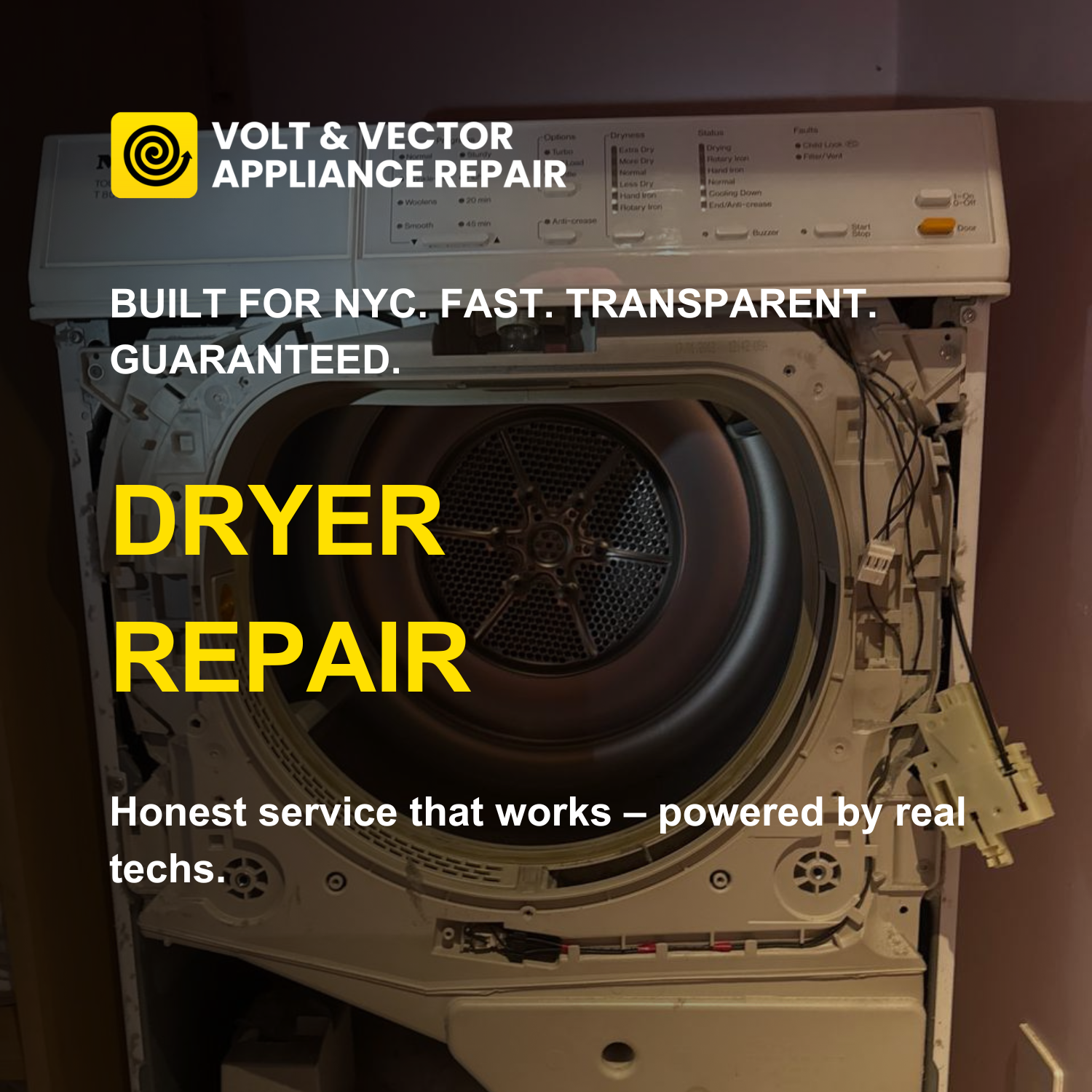Disassembled dryer for repair by Volt & Vector Appliance Repair