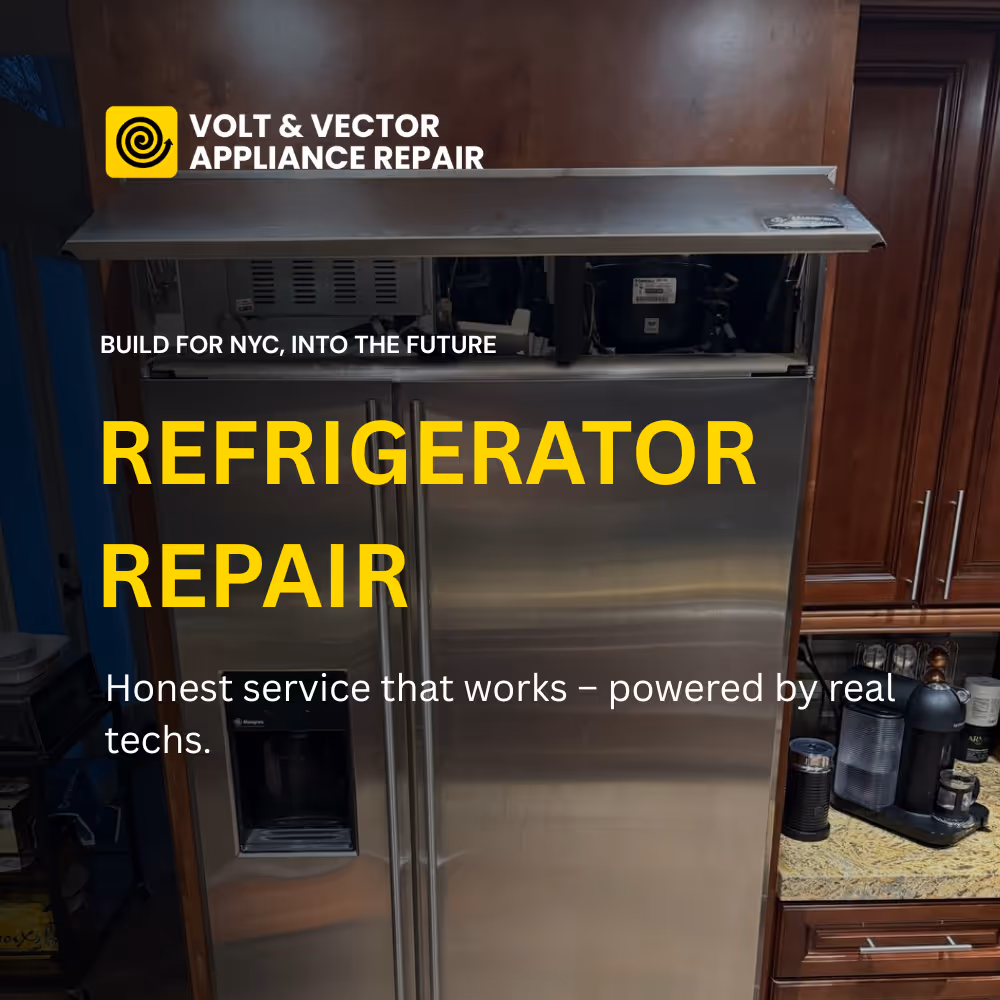 Stainless steel refrigerator with Volt & Vector Appliance Repair logo