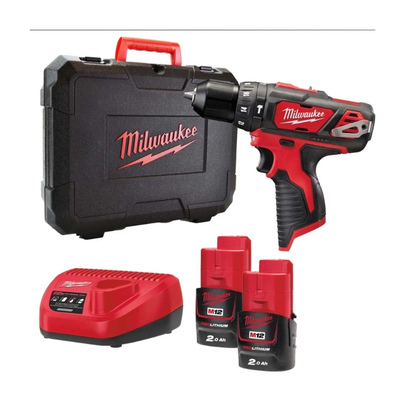 Milwaukee M12 BPD-202C 12V Combi Drill with 2x 2.0Ah Batteries, Charger and Case