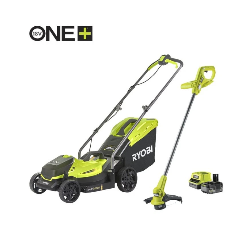 Ryobi 18V ONE+ Cordless 33cm Lawnmower & 23cm Grass Trimmer Set (1 x 5.0Ah) NEW