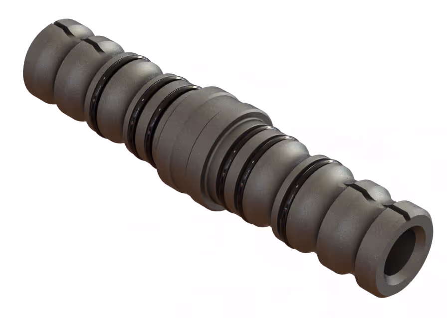 The Double Ended Roll-On Connector is used to connect two sections of coiled tubing. Operators use a crimping tool to crimp the coiled tubing into the Roll-On Connector to connect the coiled tubing.
