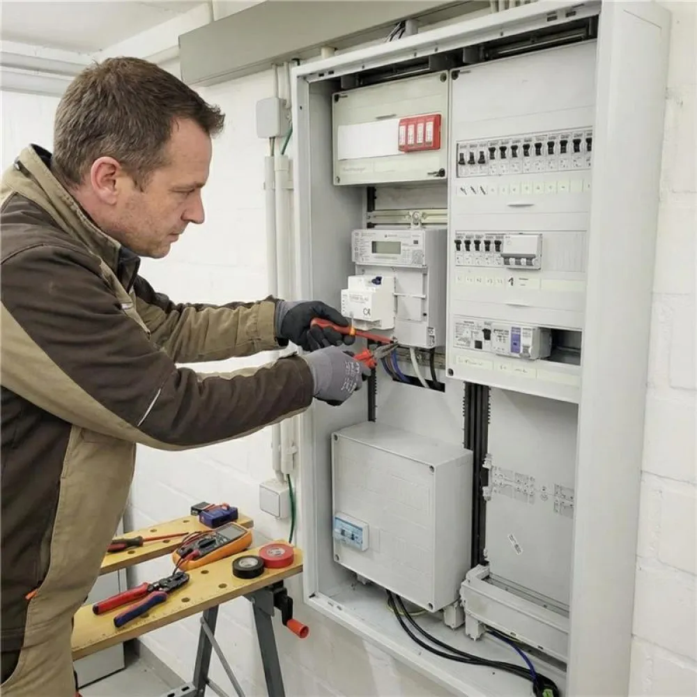Ein Techniker installiert oder wartet einen intelligenten Stromzähler in einem geöffneten Sicherungskasten mit Werkzeugen auf einem Tisch daneben.