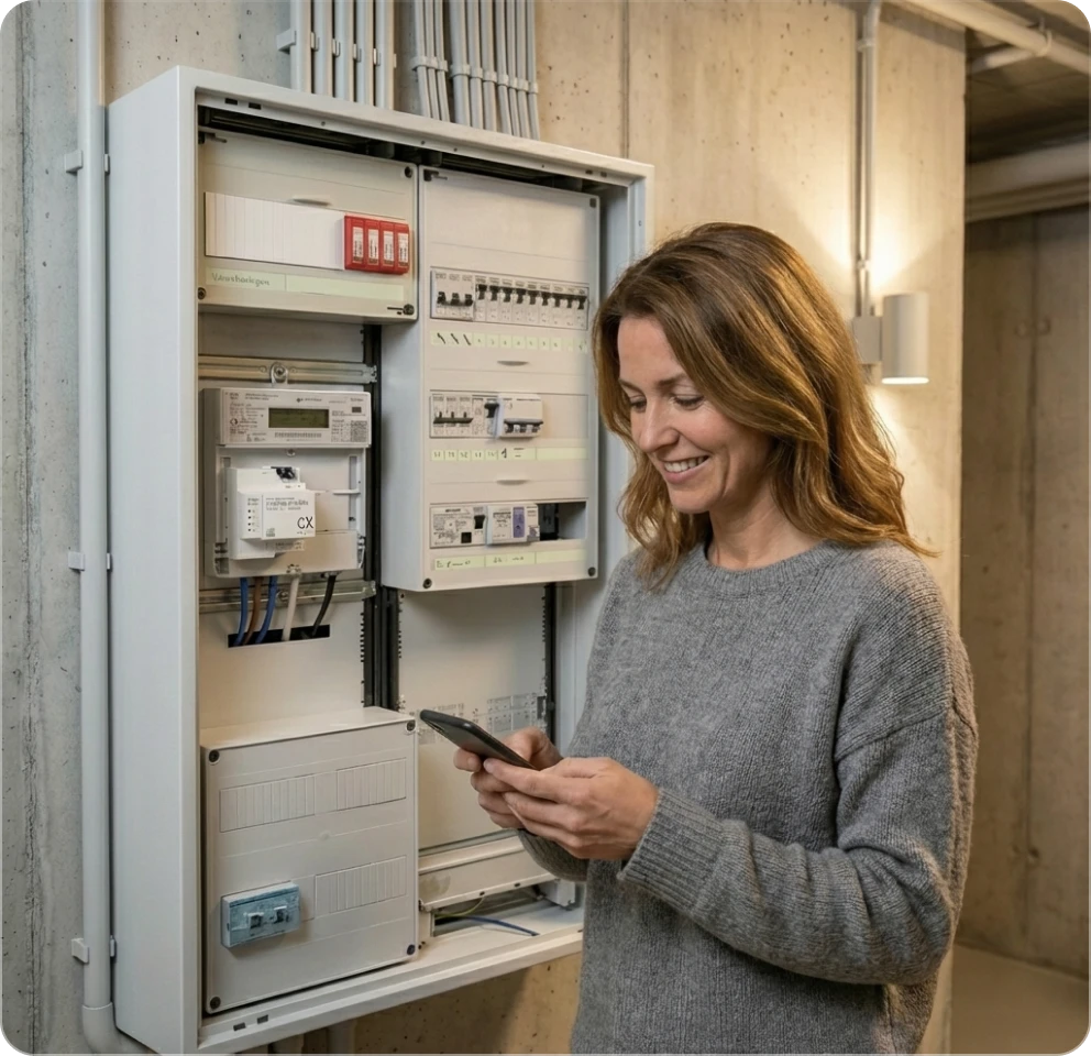 Frau vor offenem Sicherungskasten bedient ein Smartphone und lächelt.