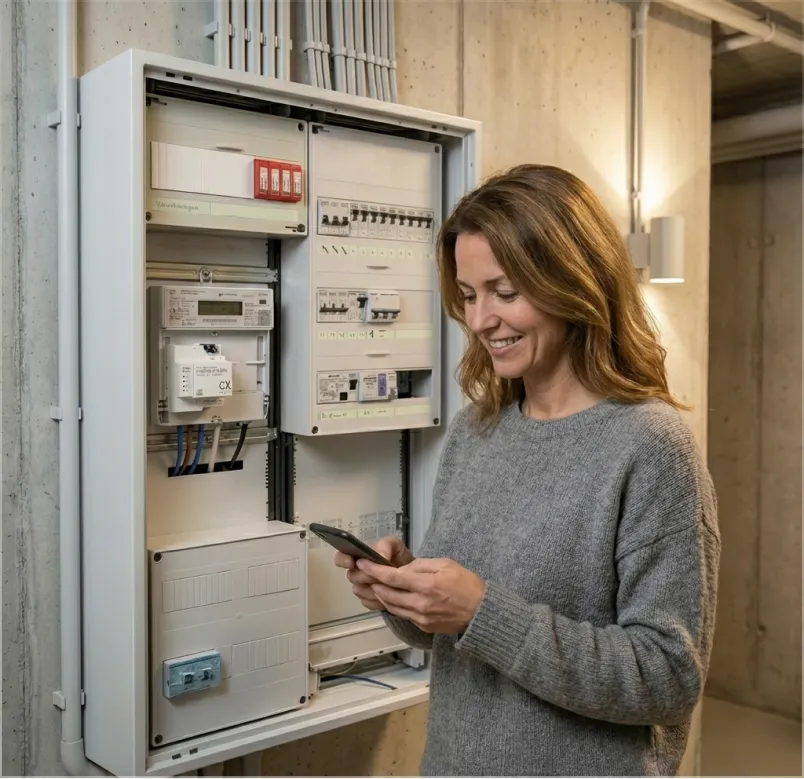 Frau vor offenem Sicherungskasten bedient ein Smartphone und lächelt.