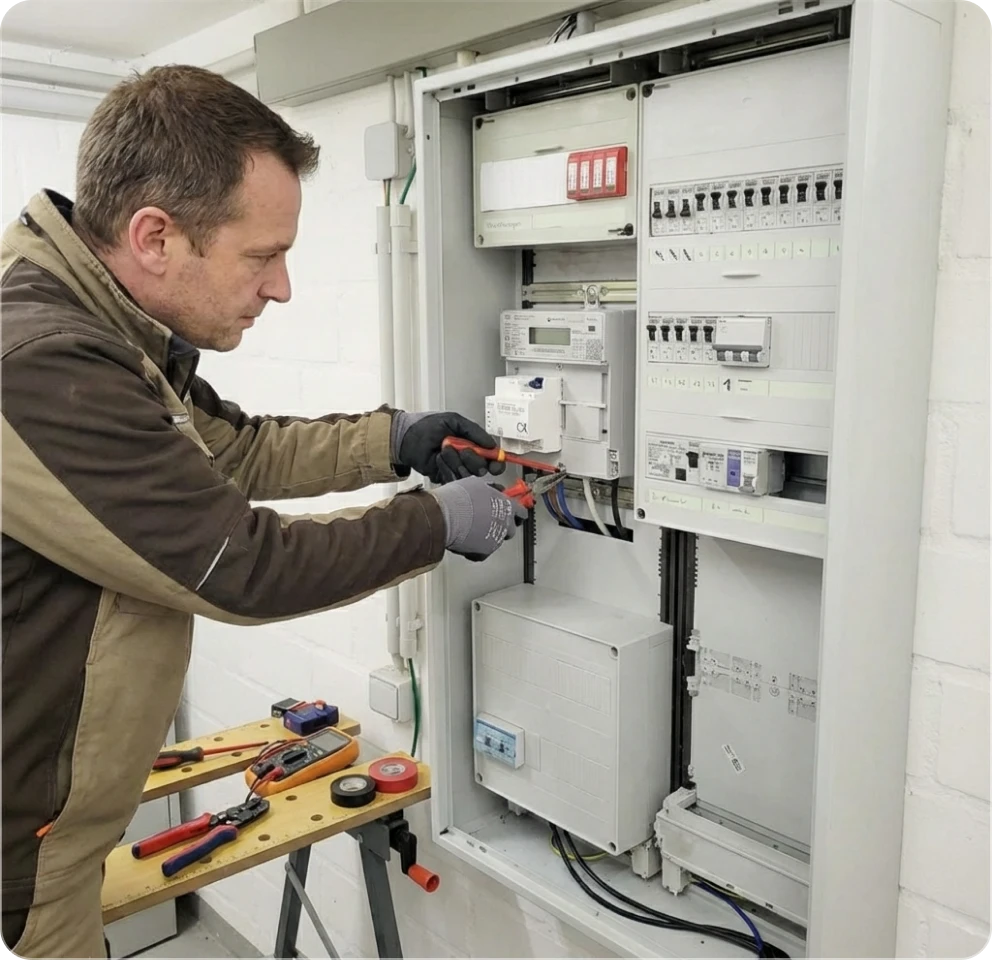 Elektriker in Arbeitskleidung repariert einen offenen Sicherungskasten mit Werkzeug.
