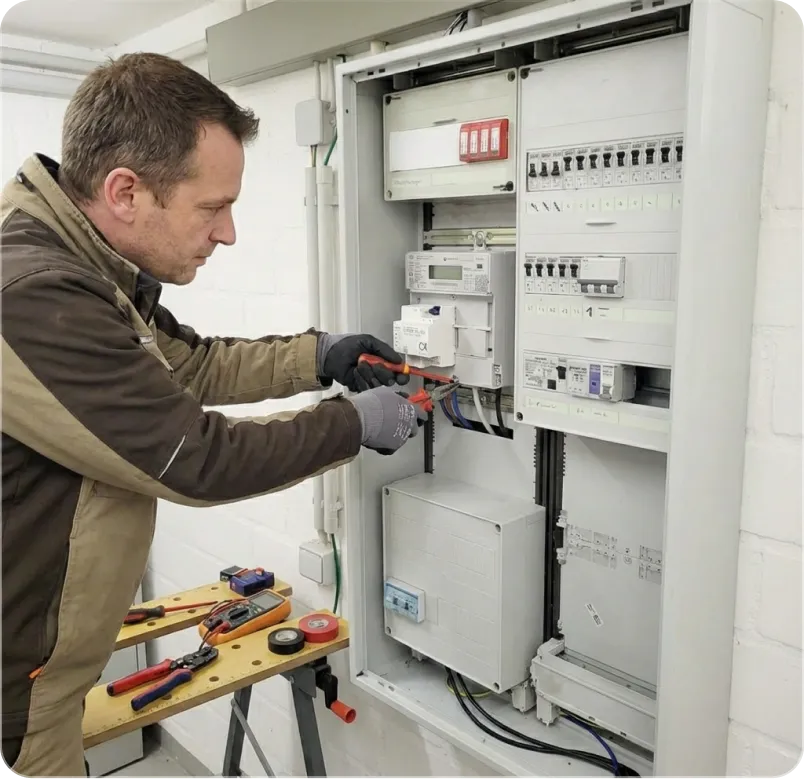 Elektriker in Arbeitskleidung repariert einen offenen Sicherungskasten mit Werkzeug.