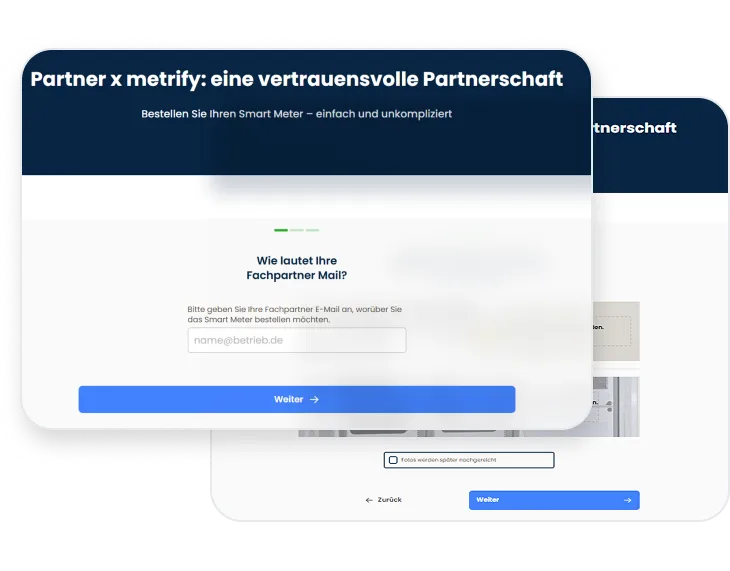 Bestellformular für Smart Meter mit Eingabefeld für die E-Mail des Fachpartners und weiter Button.