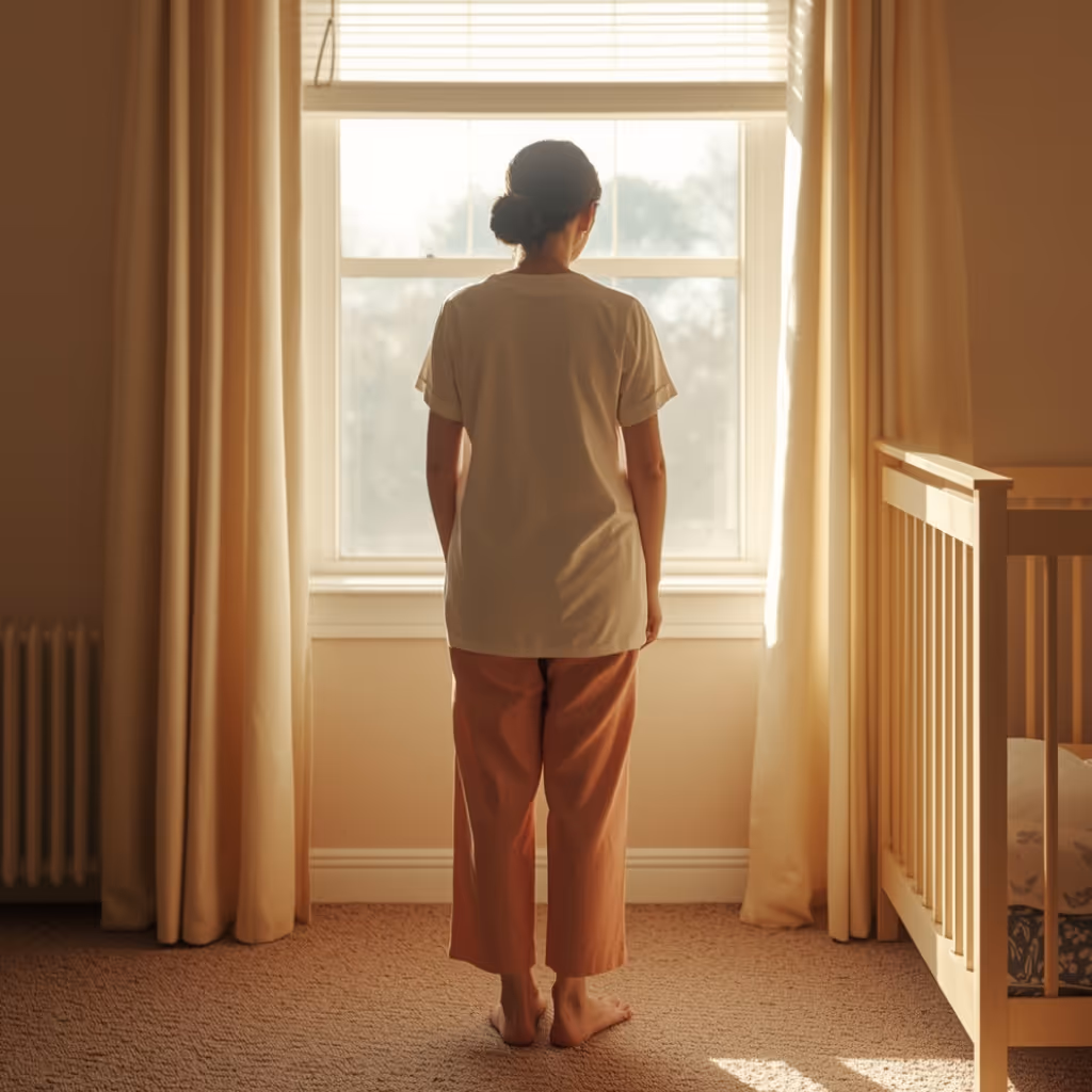 A lonely mother standing barefoot in a softly lit room looking out of a window next to a baby crib.