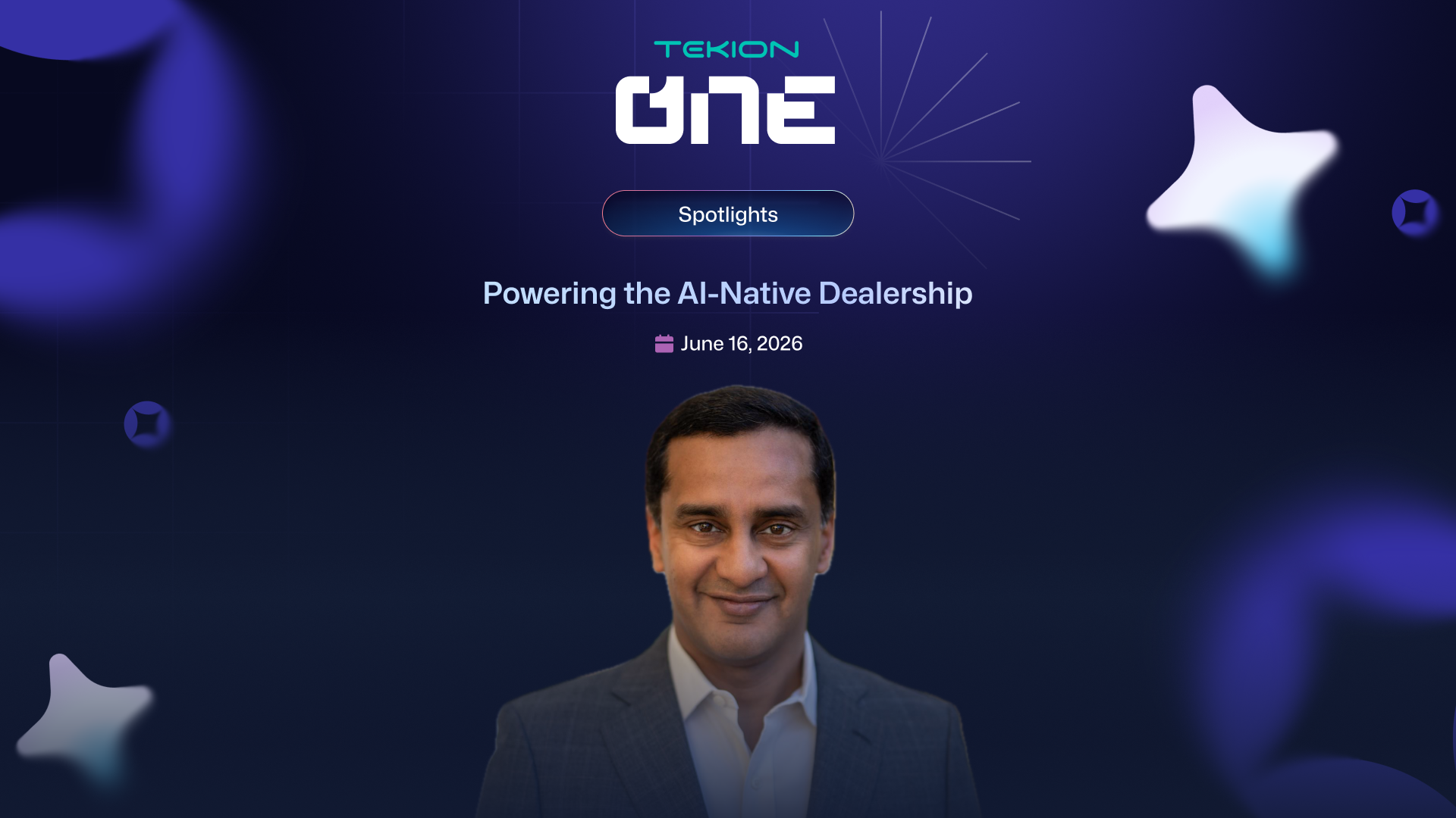 Portrait of a man in a suit with a dark blue background and Tekion One branding above him.