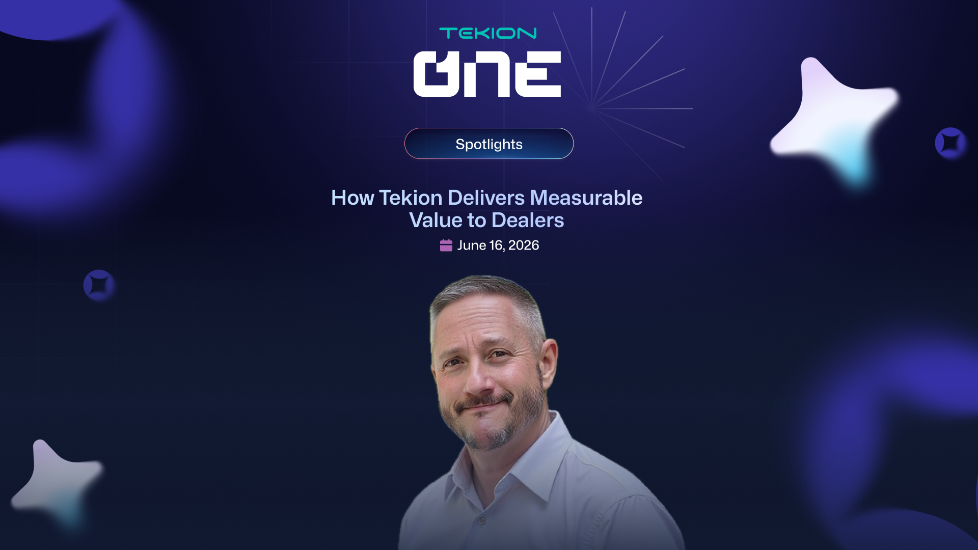 Portrait of a smiling man in a white shirt under Tekion One logo and article headline.