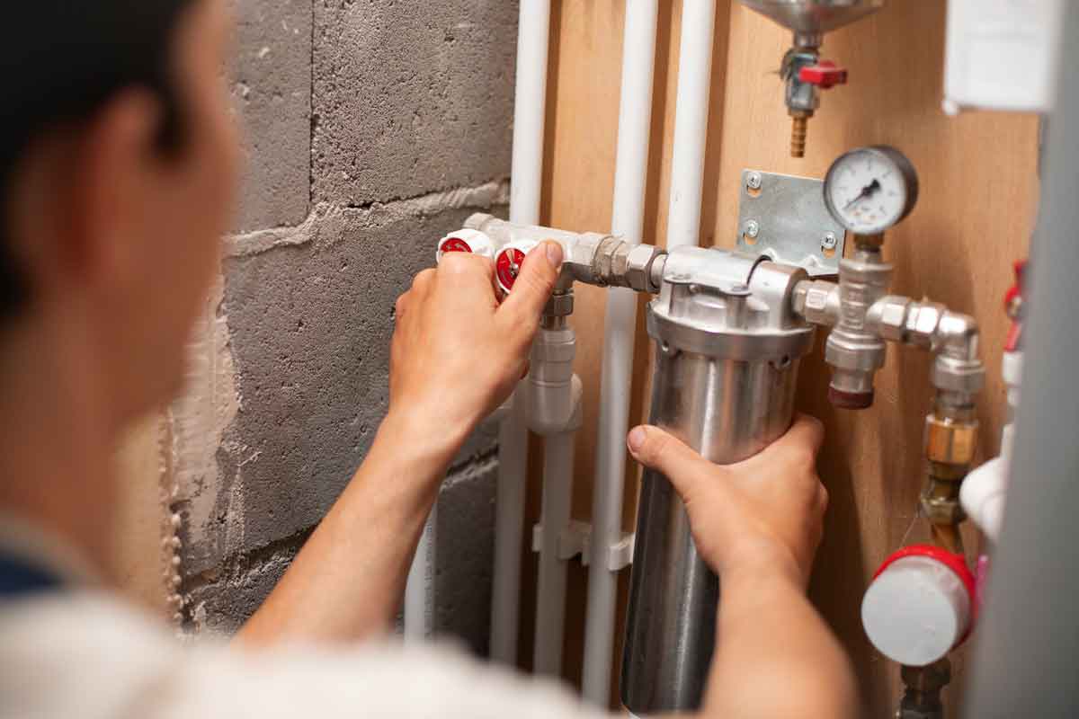 Sunshine Services plumber installing and adjusting residential water filtration system in Florida