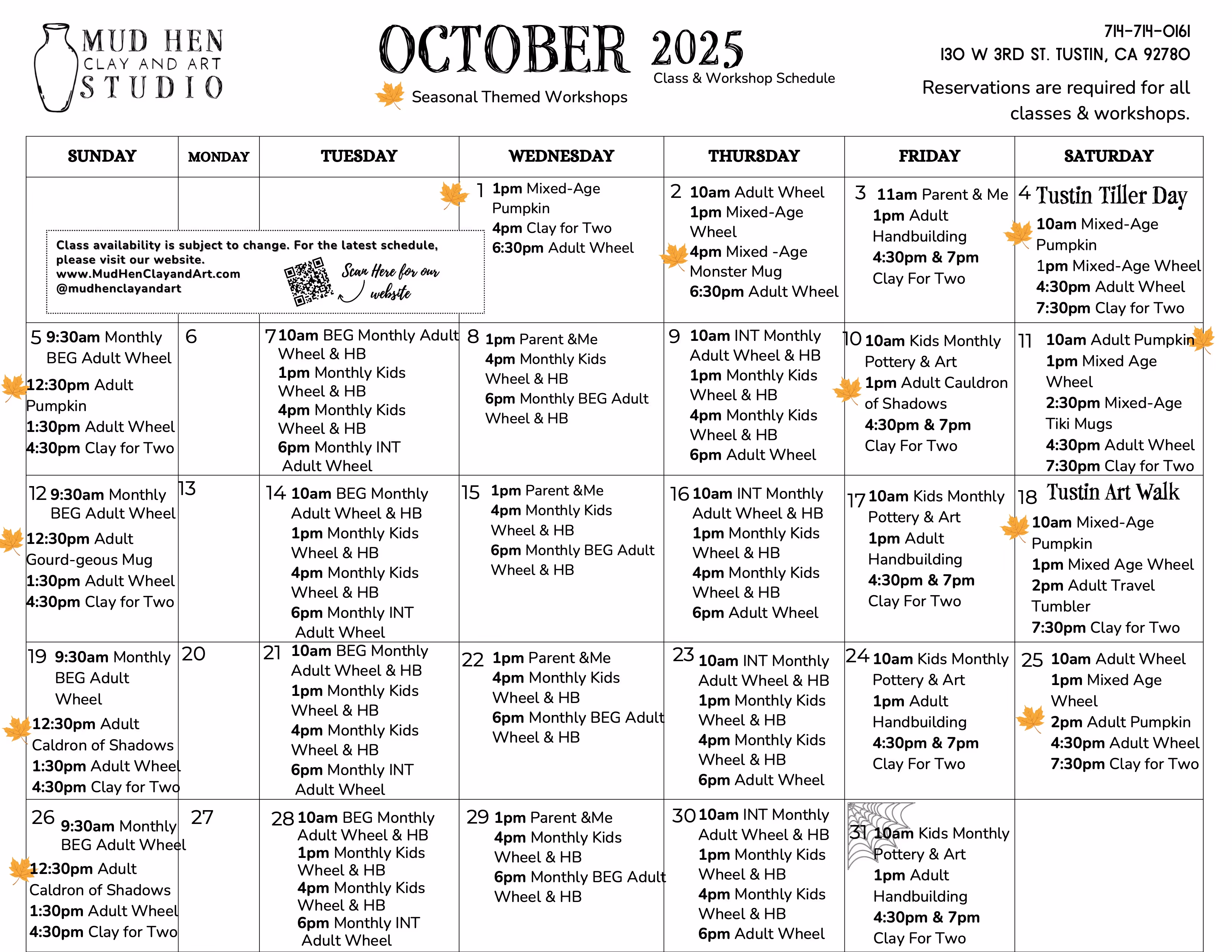 Calendar showcasing the available events for Mud Hen Clay and Art in October of 2025. Call for more information or for support with scheduling