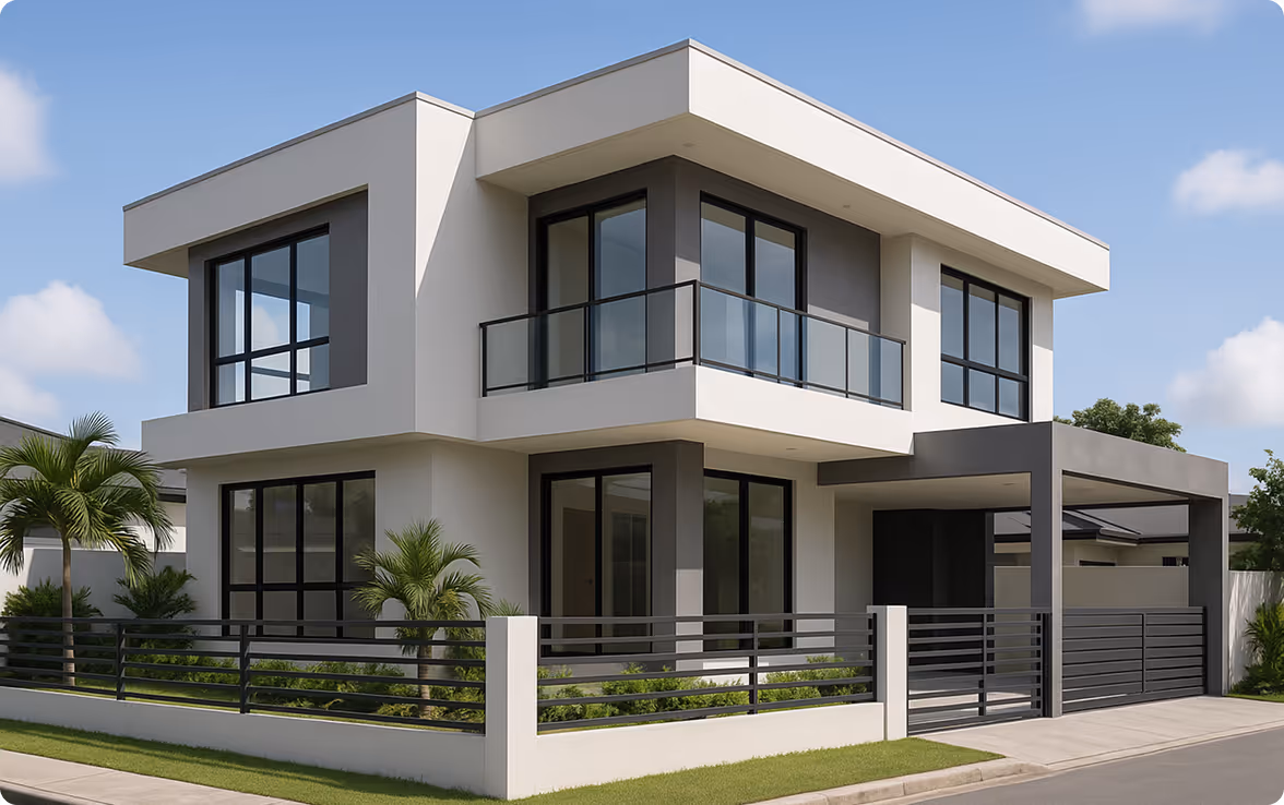 Modern two-storey house with clean architecture and glass balcony, Philippines