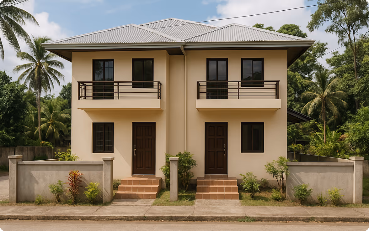 Two-storey duplex house with twin entrances and shared wall, Philippines