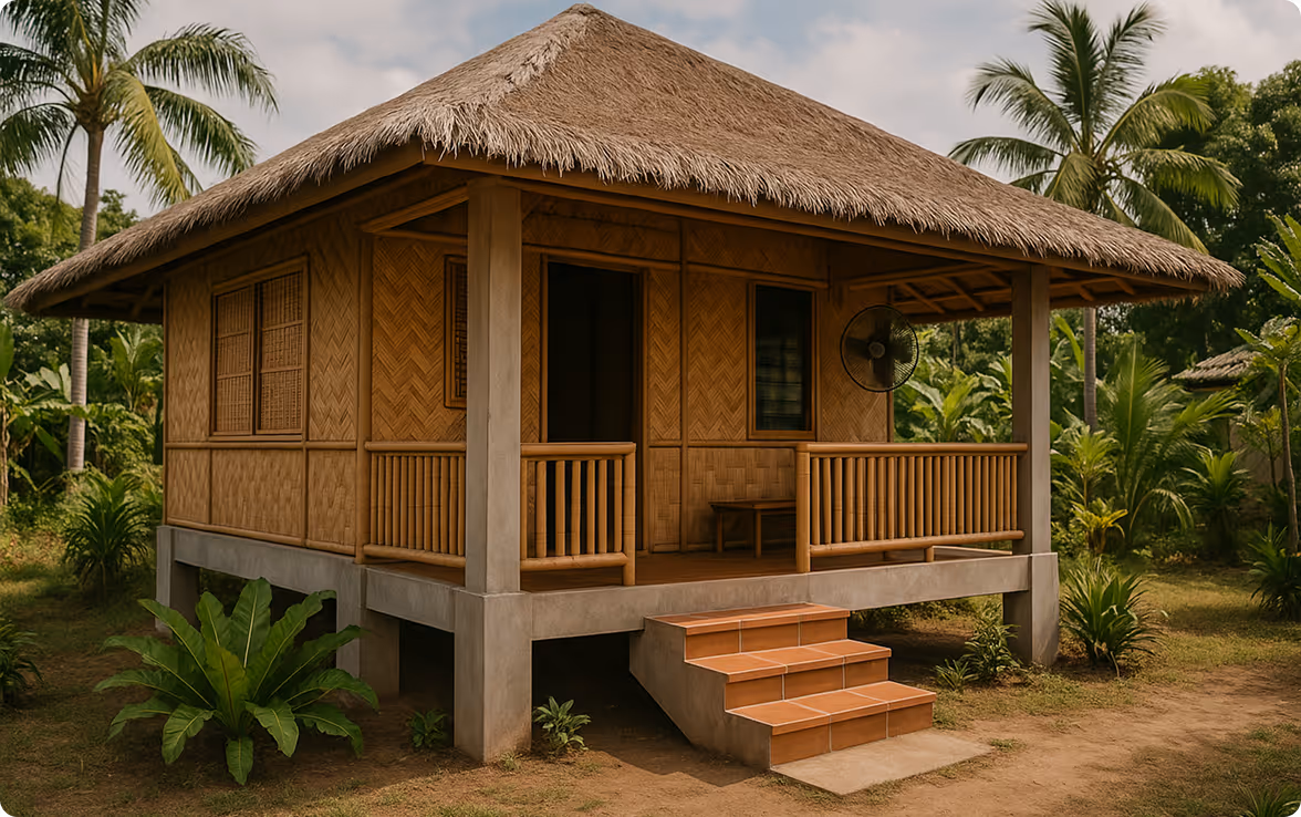 Single-storey bahay kubo style house with nipa walls and thatched roof, Philippines