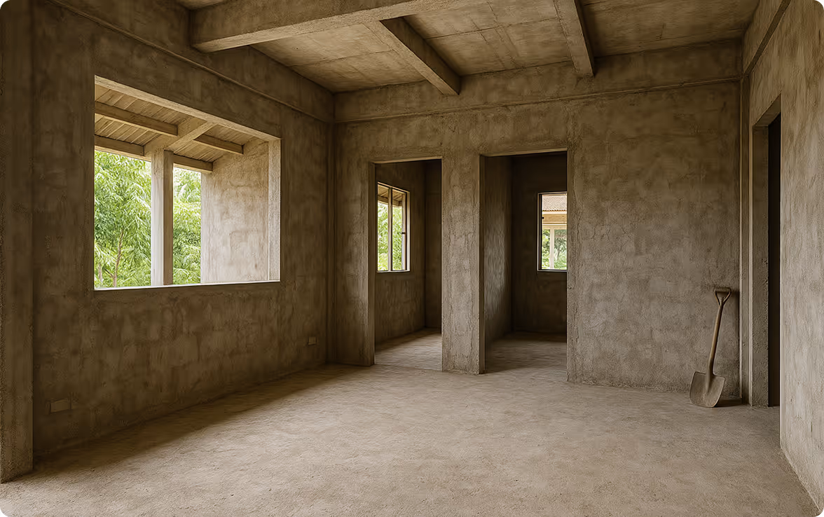 Interior of a house in bare finish stage with exposed walls and unfinished floors