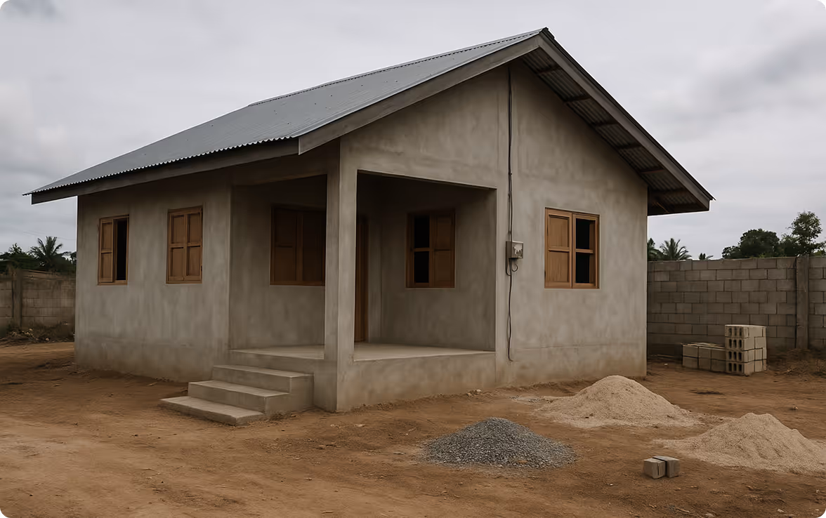 Exterior of a semi-finished house with some paint and incomplete architectural details
