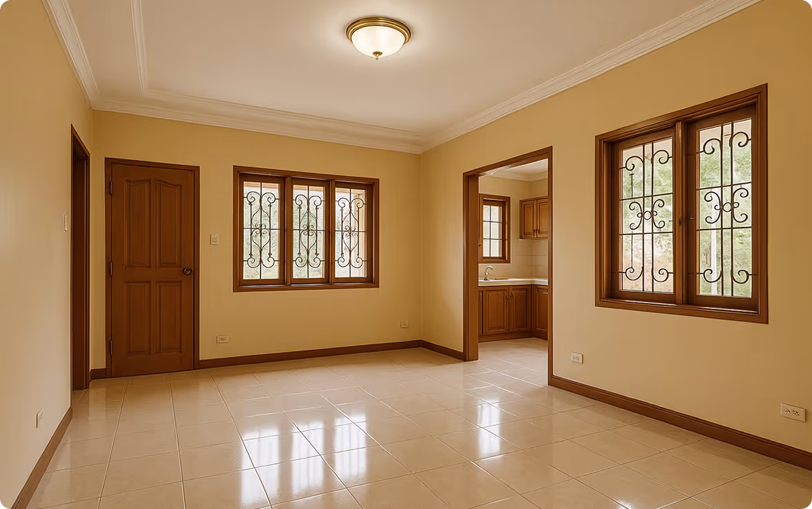Interior of a fully finished house with painted walls, tiled floors, and complete fixtures