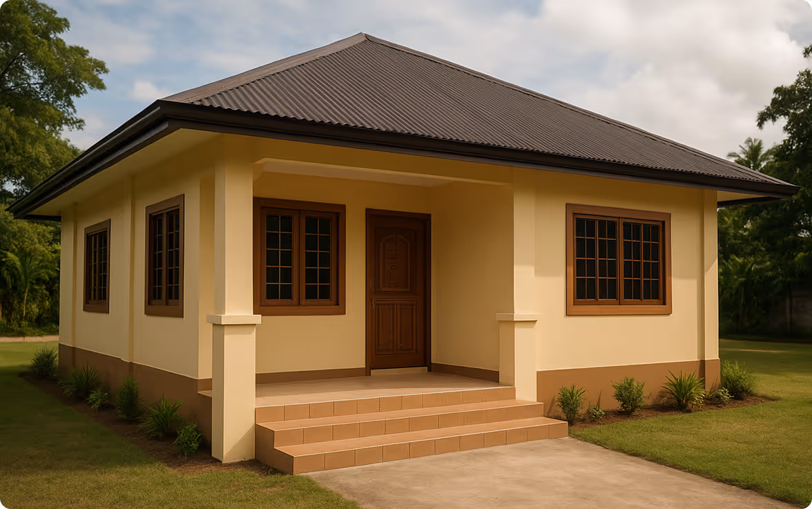 Exterior of a fully finished house with paint, design details, and landscaped surroundings