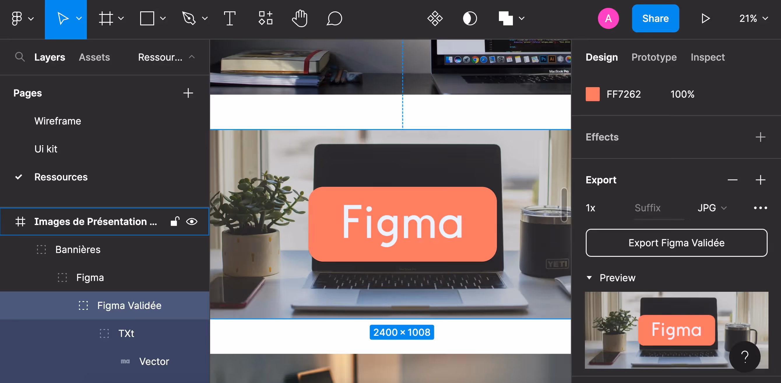 The same picture as the previous one in figma's interface, with the export function shown.