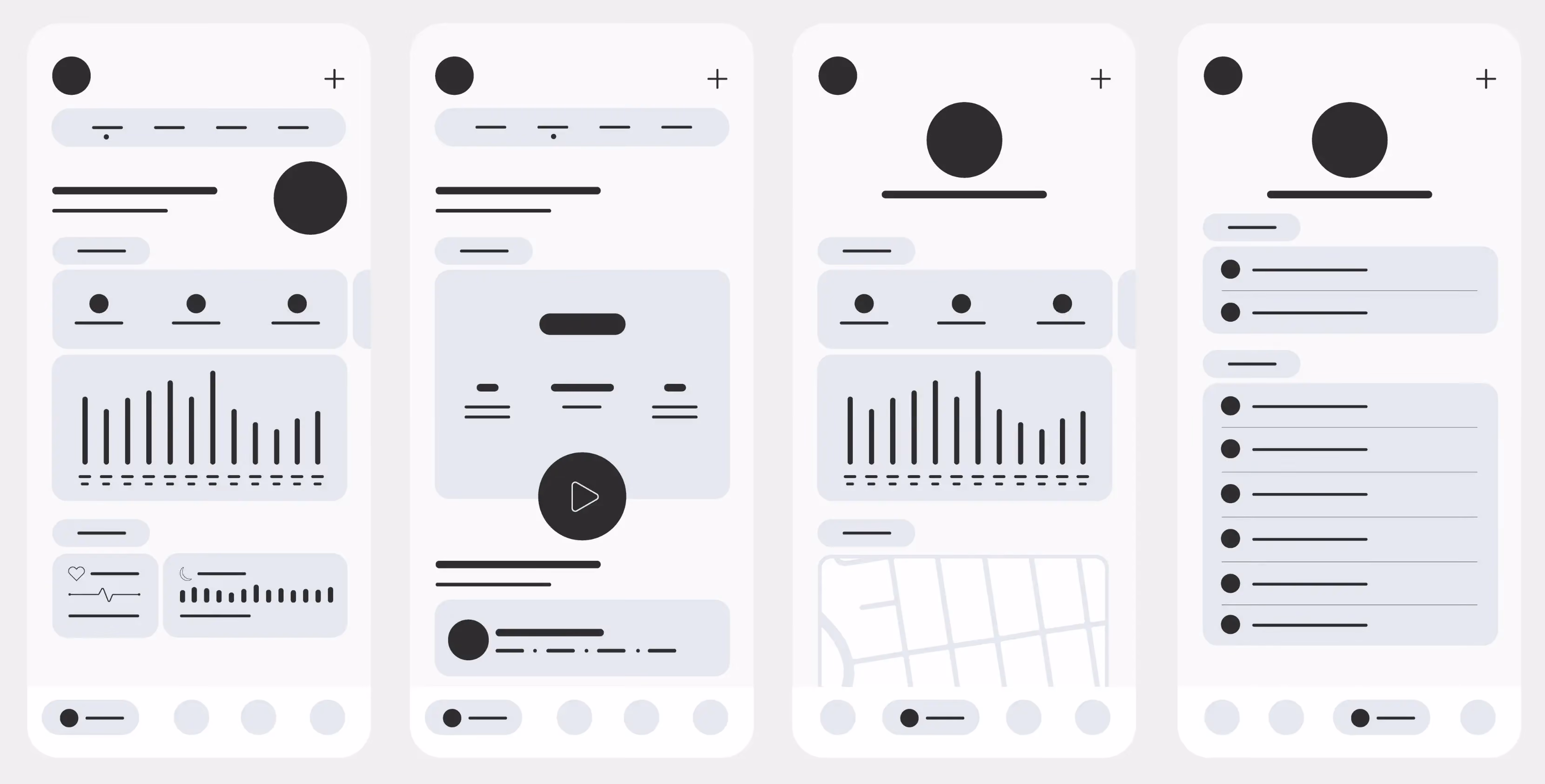 wireframe of a few screens of a mobile application