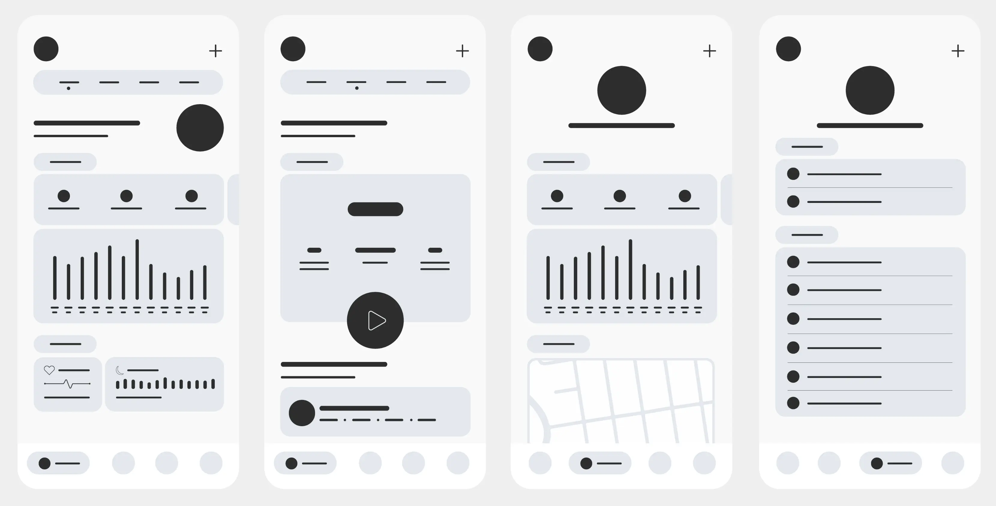 wireframe of a few screens of a mobile application