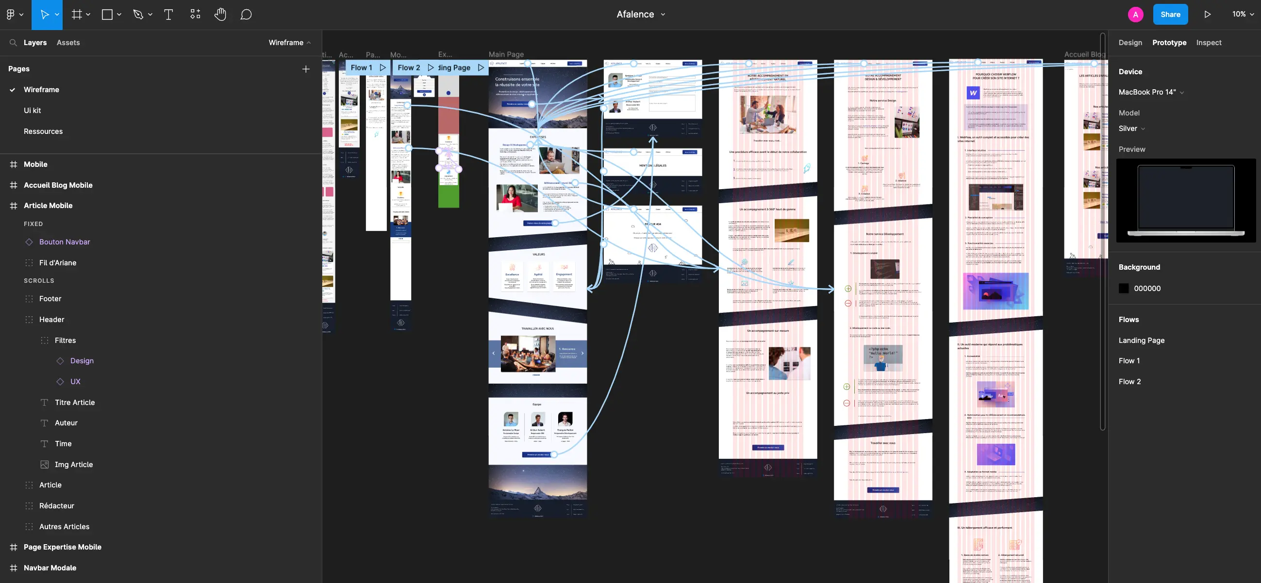 Afalence's website's sketch on Figma's interface