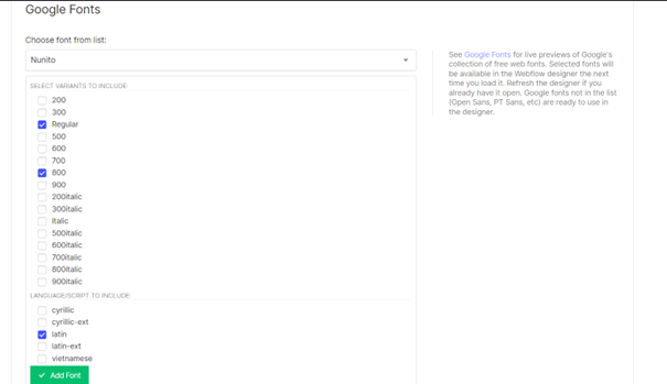 Selecting width of google fonts in Webflow