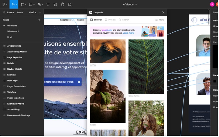 figma's interface with the unsplash plugin open