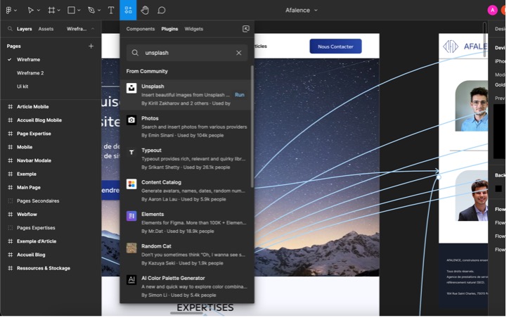 figma's interface with the plugin search bar open