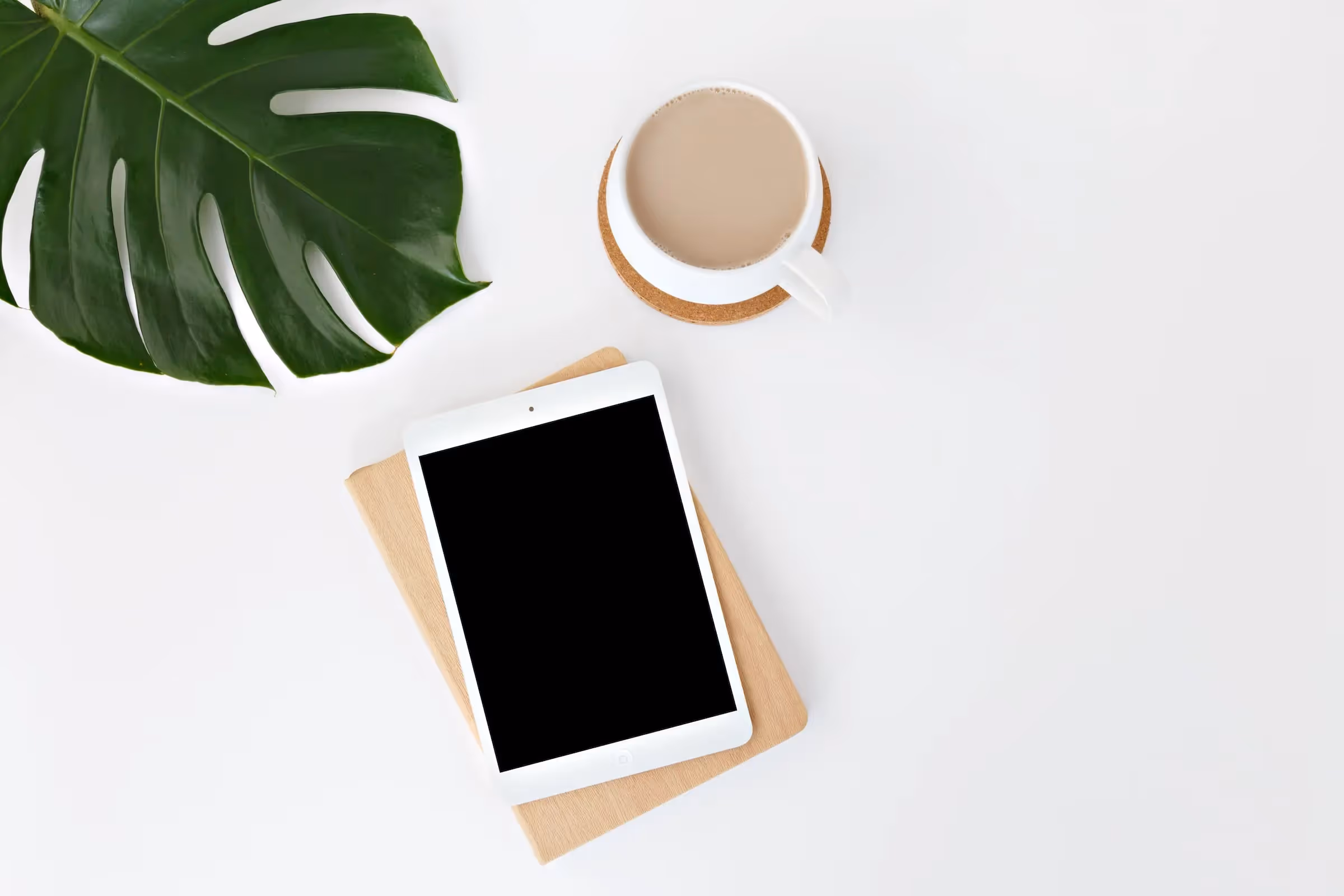 Calm, cosy, sober workplace with a coffee and a plant.