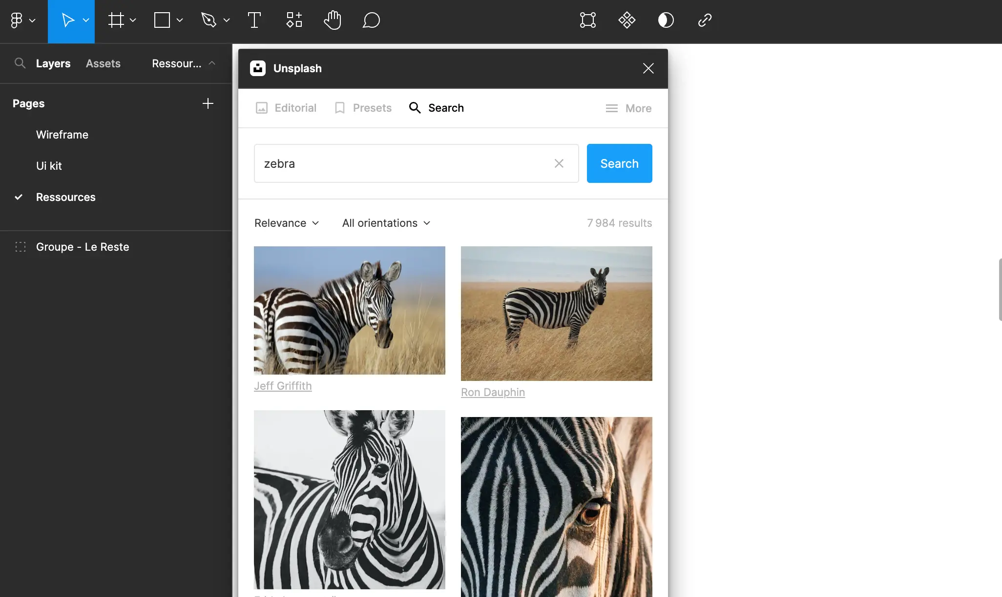 Figma's plugin unsplash open and running with zebra pictures