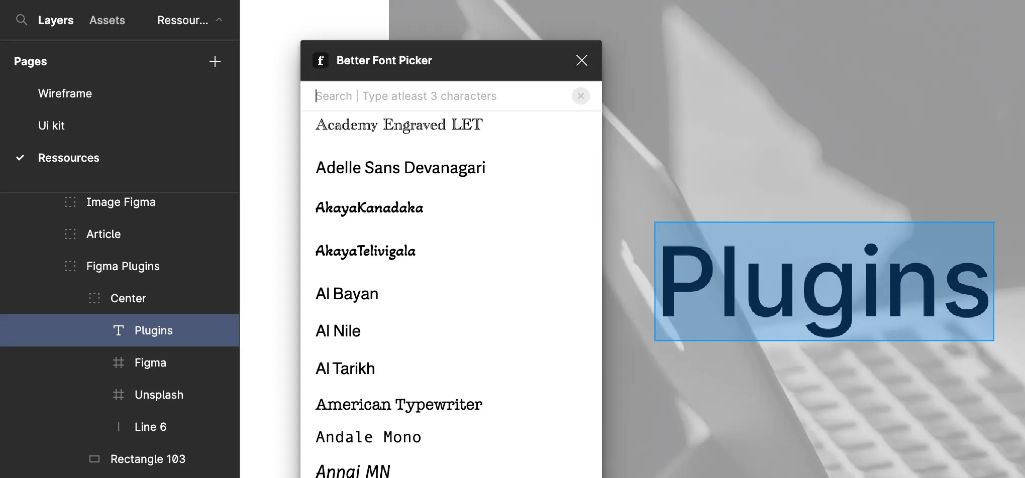 Figma's plugin "better font picker" open with a text selected in the background. The text is a title that states "plugins".